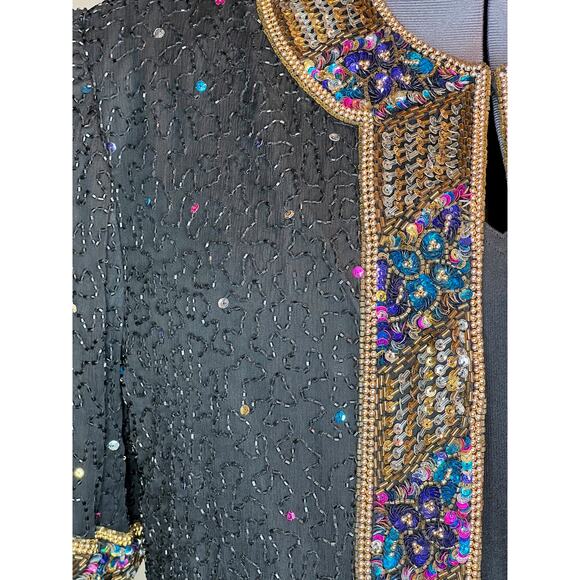 jacket beaded sequins short sleeve 100% silk black purple gold blue glam - Picture 4 of 13